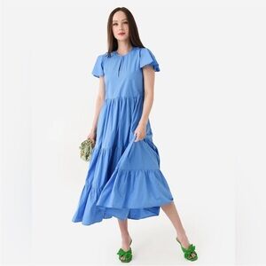 Oliphant Women's V-Neck Flutter Sleeve Blue Tiered Short Sleeve Maxi Dress Large